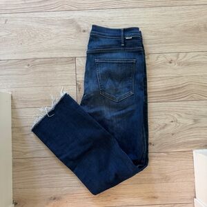MOTHER The Hustler High Rise Ankle Fray Jean - Dark Blue